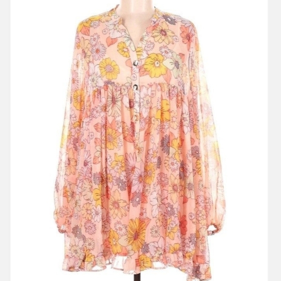 Coral light peach long sleeve boho floral dress Size Medium - Picture 3 of 8
